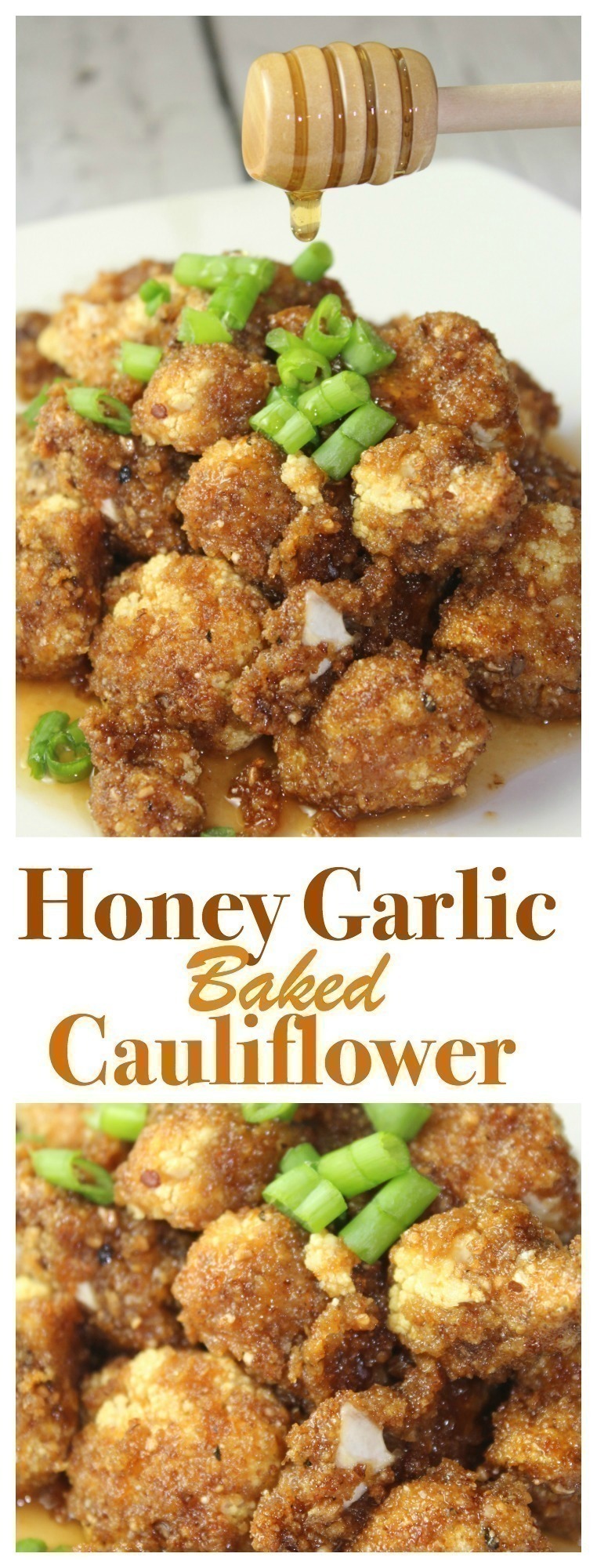 This healthy honey garlic baked cauliflower comes together easily with simple ingredients and is perfect for a simple meatless meal option!   #cauliflower #baked #healthy #meatless #honey #garlic #dinner #easydinner 