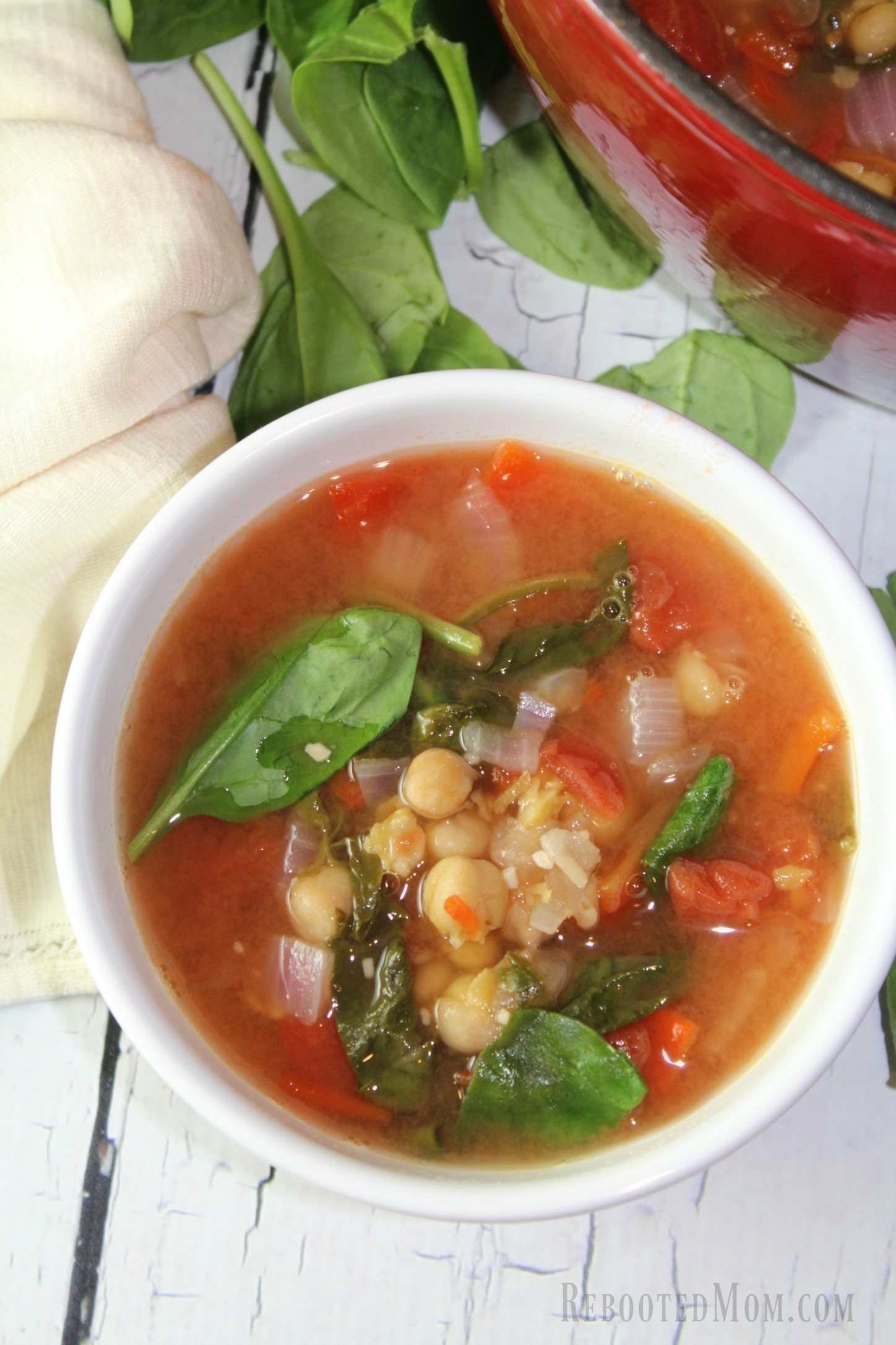 A hearty italian chickpea soup that absorbs the flavors of onion, garlic, roasted red peppers in a flavorful vegetable broth.
