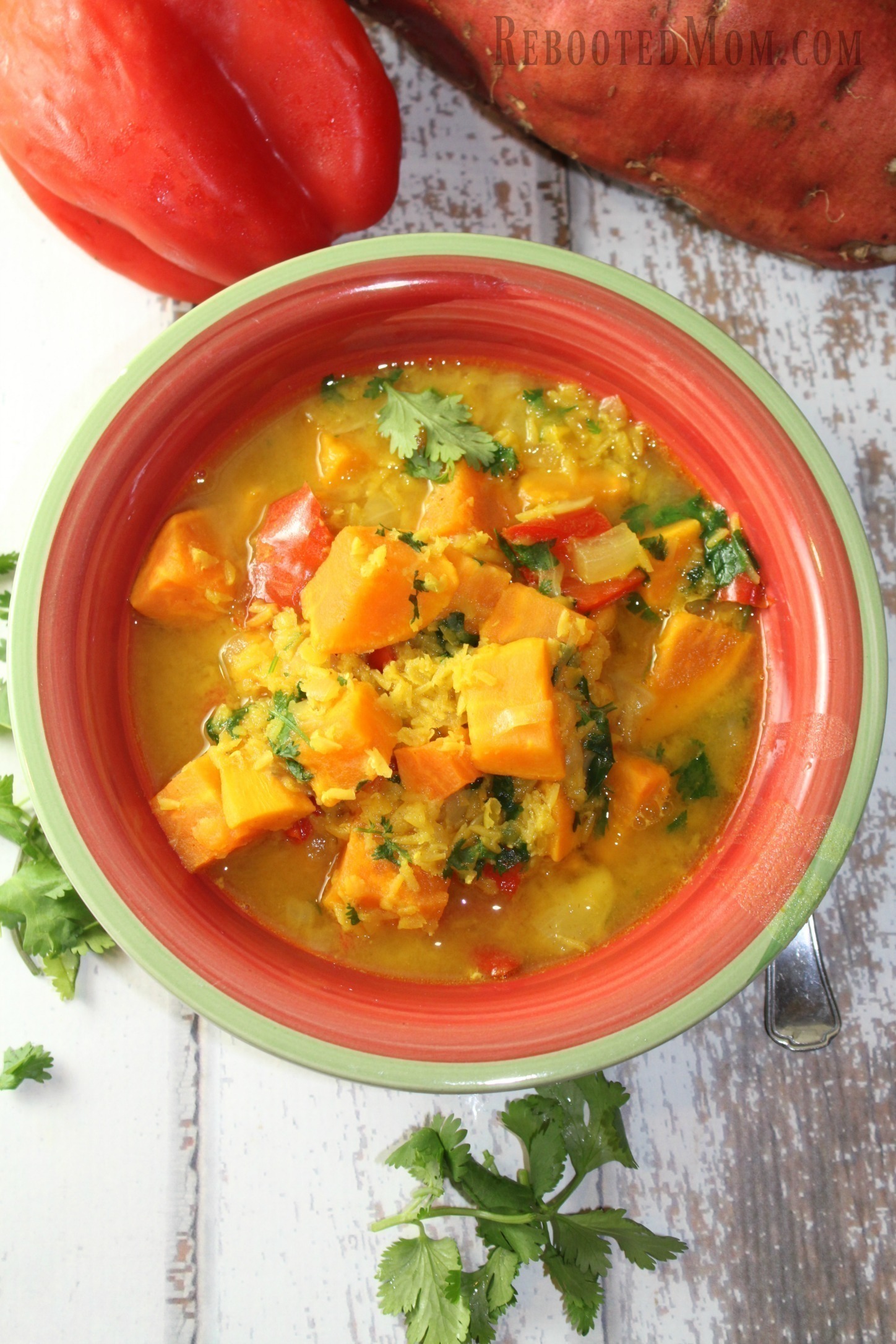 This Red Lentil & Sweet Potato Stew is not only meatless, it is chock full of flavor, protein and fiber.