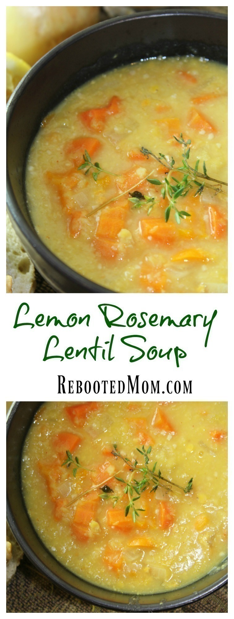 Fresh carrots, bell pepper, lemon and rosemary combined with red lentils create this easy and savory soup.