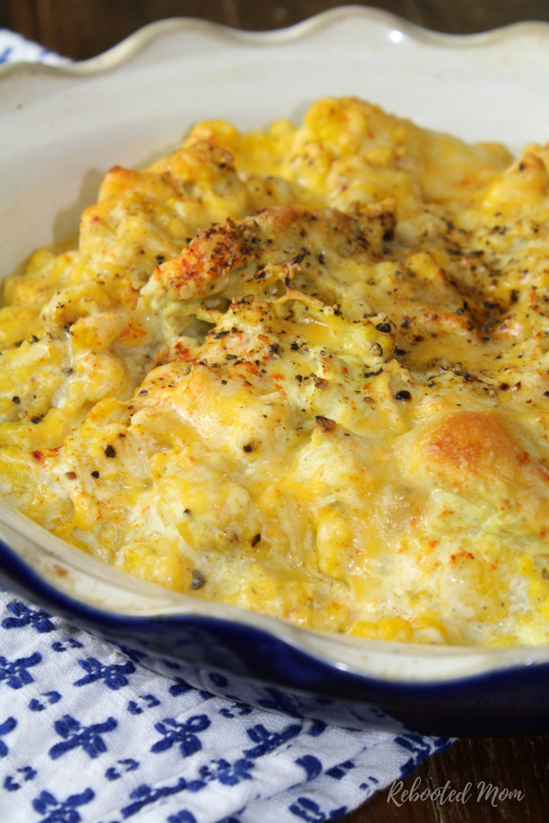 A cheesy, green chile and chicken cauliflower casserole that is low-carb and full of flavor.