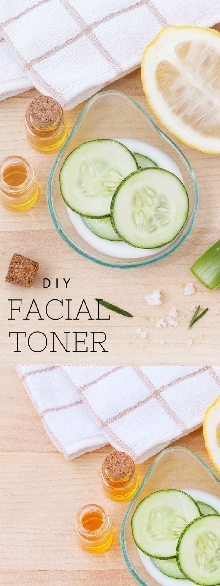 Using Apple Cider Vinegar in your toner can tighten your skin, help even out your tone, balance your pH and even help reduce signs of acne and troubled skin. Use it to throw together this easy facial toner!