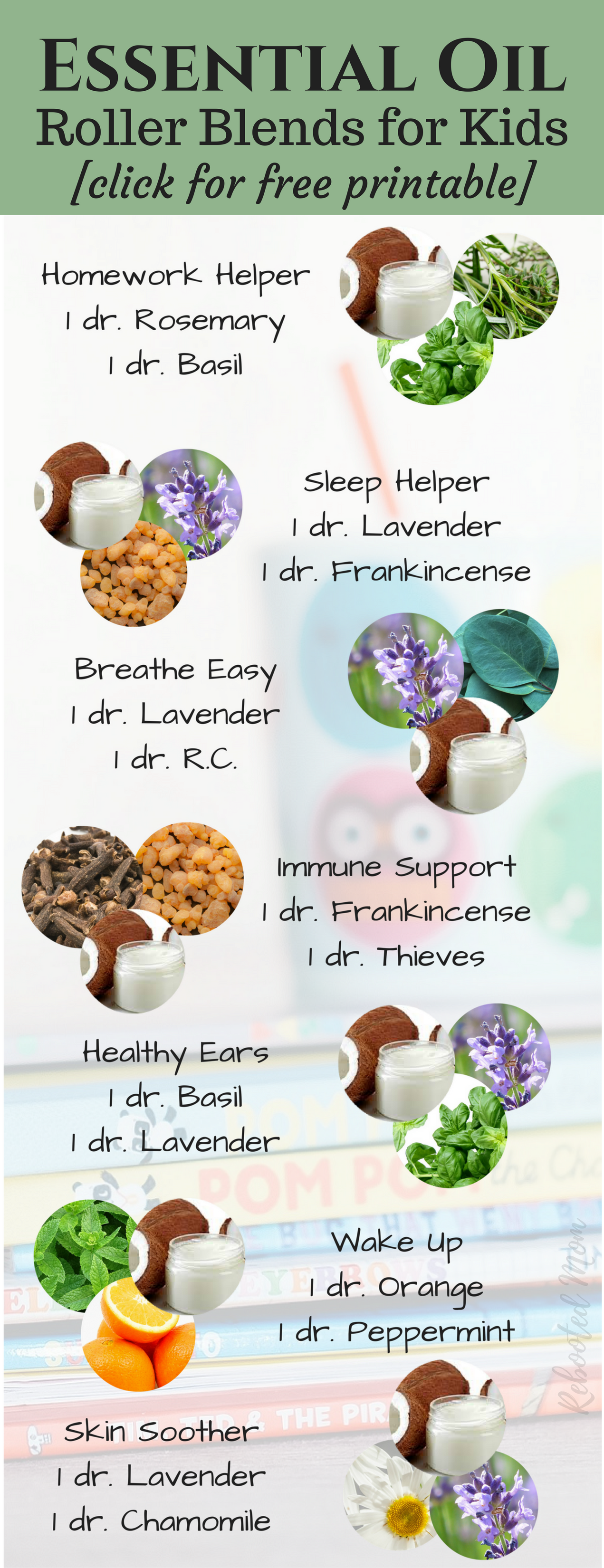These essential oil roller blends for kids will help them sleep better, support cuts, scrapes and healthy ears, focus on homework and more. Get your FREE custom printable, too!