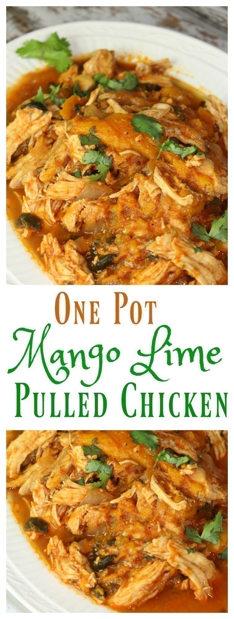 This Mango Lime Pulled Chicken is a one pot meal of shredded chicken that bathes in a fiery sauce of mangoes, tomatoes, and spices that's wonderful served over rice.
