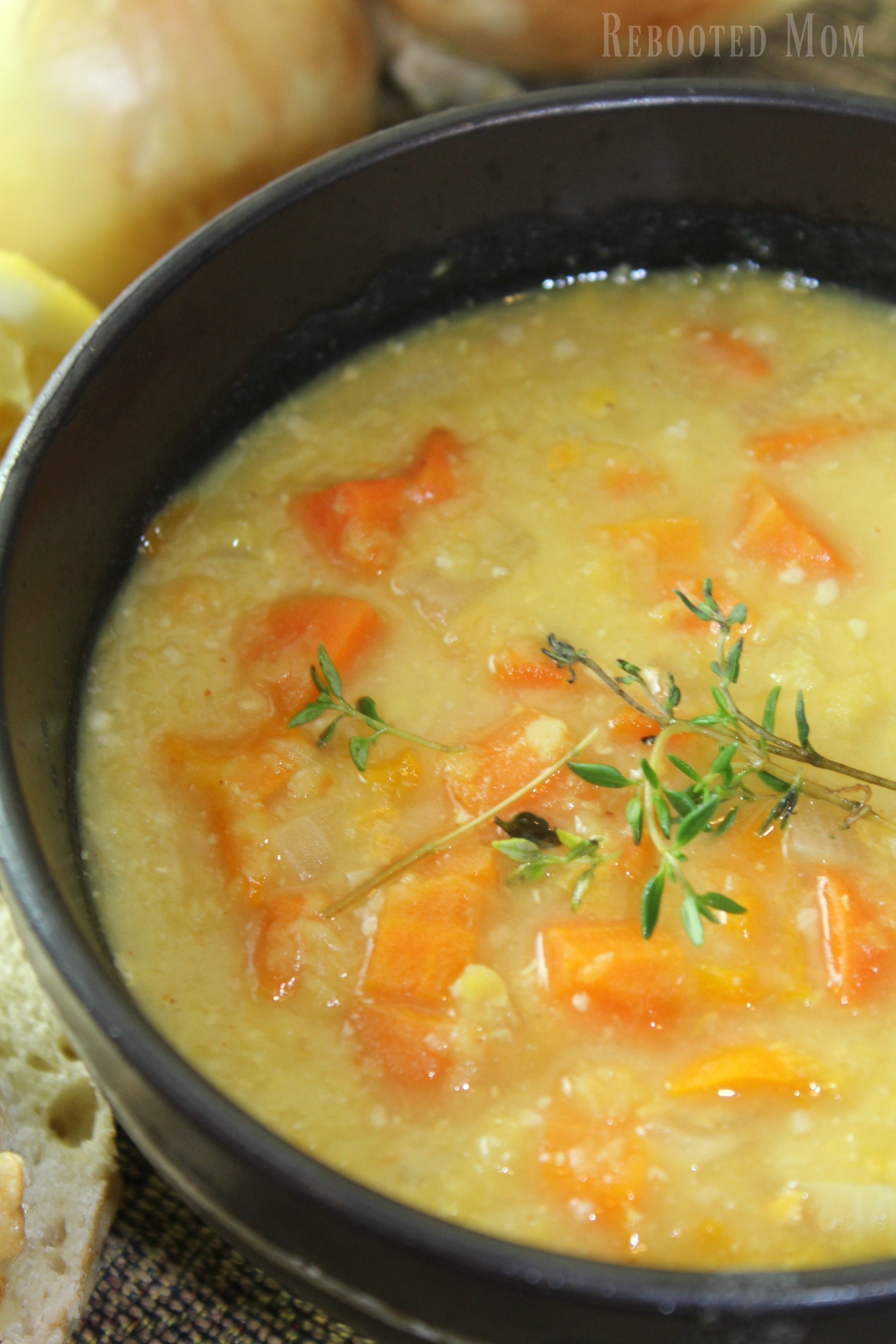 Fresh carrots, bell pepper, lemon and rosemary combined with red lentils create this easy and savory soup.