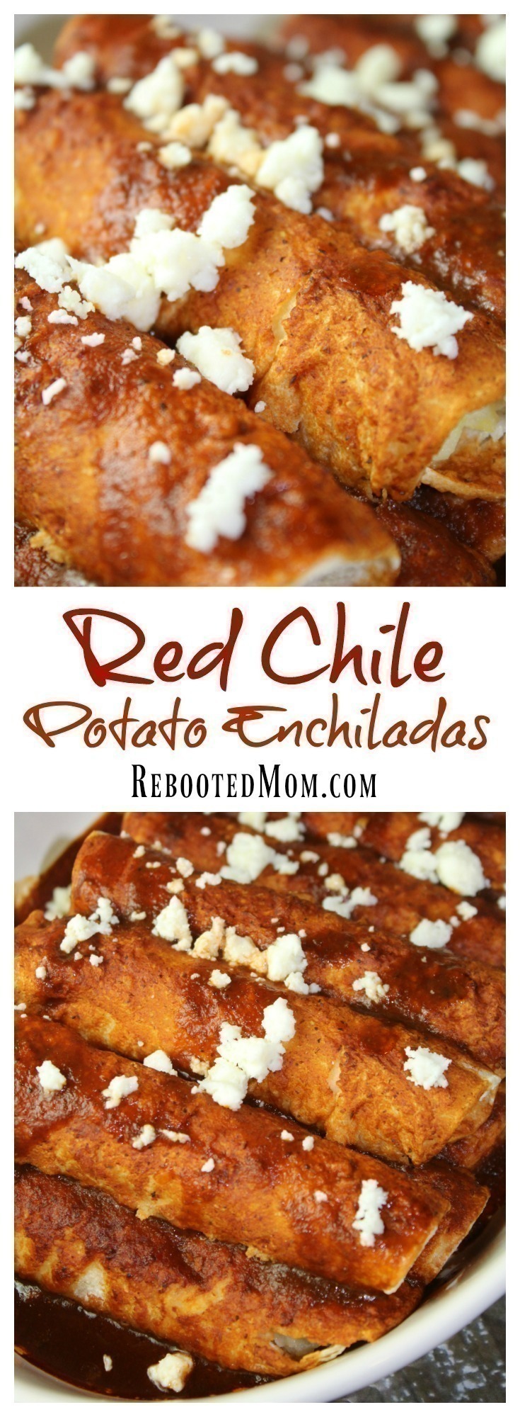 A delicious blend of guajillo chiles, onion, and spices in a thick, red sauce used as a base for these filling potato enchiladas.