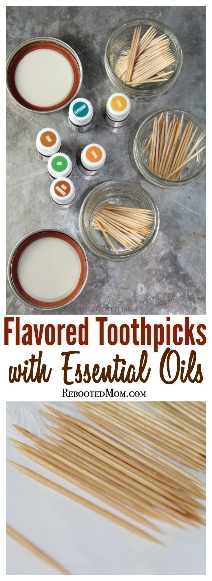 These flavored toothpicks with essential oils are easy to make & the perfect way to curb the urge to snack! Keep them handy in your purse or give as gifts!   #essentialoils #gift #toothpicks 
