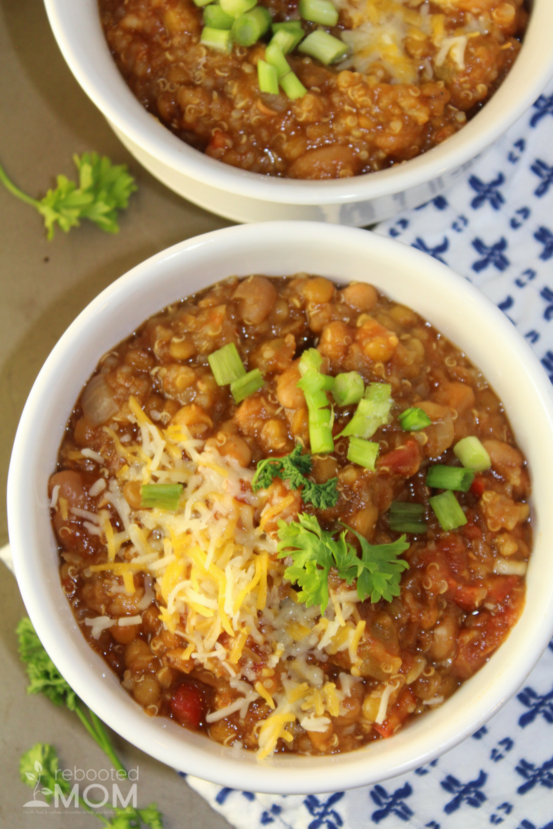 Combine lentils and quinoa in this hearty, flavorful meatless chili.