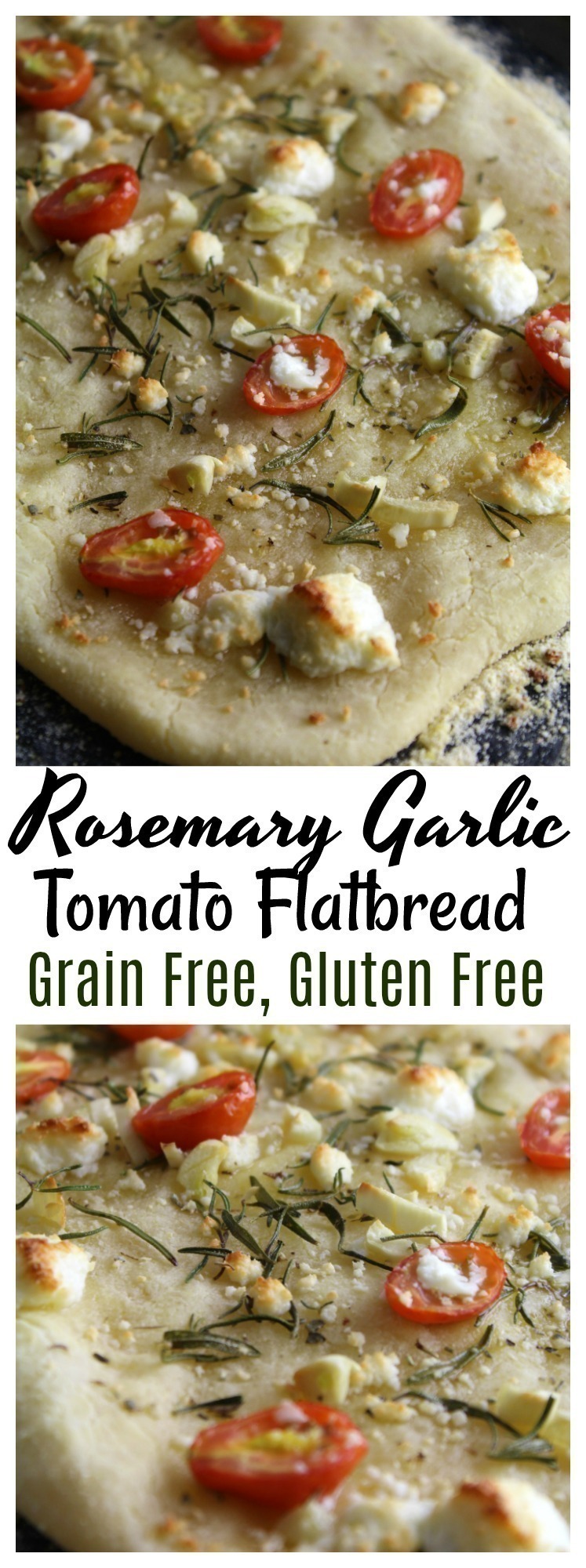 A delicious grain free, gluten free Rosemary Garlic Tomato Flatbread drizzled with a little fresh olive oil and topped with fresh cheese.