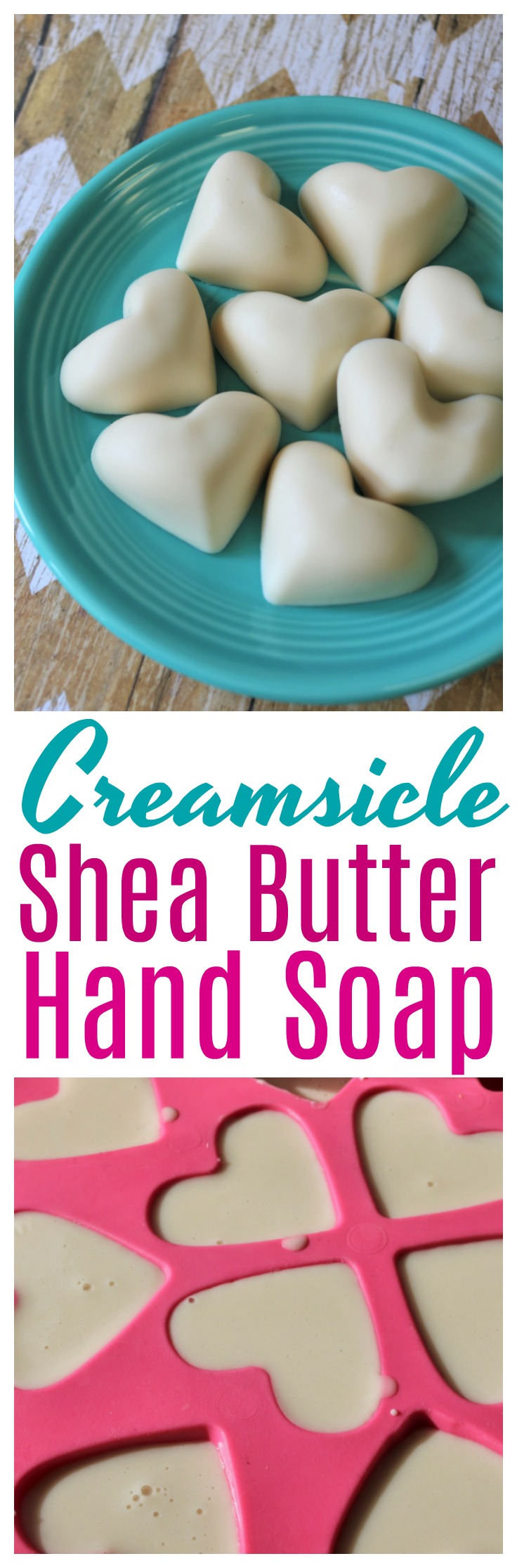 These fragrant creamsicle shea butter hand soaps are incredibly easy to make and beautiful to give as gifts to family or friends! #gift #DIY #essentialoil 