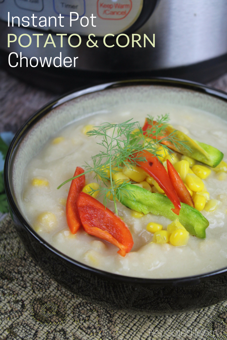 This rich and creamy Instant Pot Potato and Corn Chowder is perfect for chilly nights, and is incredibly easy to whip up with simple pantry ingredients! #instantpot #potato #corn #soup #chowder