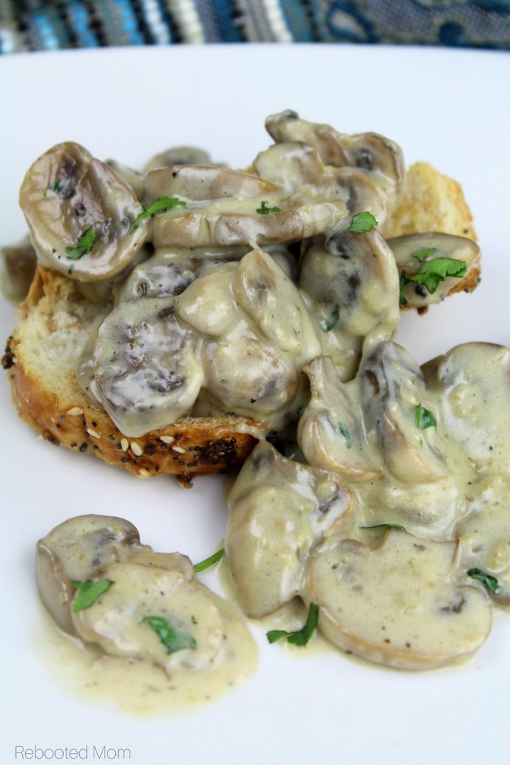 Easy, creamy mushrooms that are warm, comforting and delicious when served atop rice, on toasted garlic bread, or as a side - ready in just minutes! #mushrooms #sidedish #meatless