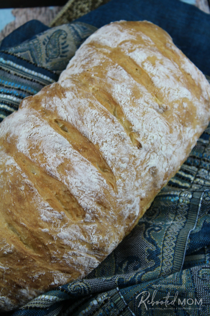 Make a beautiful loaf of ciabatta bread from whey leftover from cheesemaking or, homemade yogurt. #whey #ciabatta #bread #breadmaking 