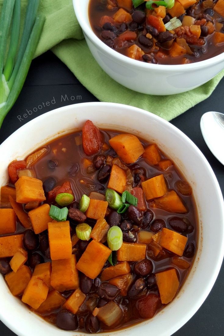 A simple and healthy soup that combines sweet potatoes with black beans and spices to make a meatless soup that's perfect for cold weather! #sweetpotato #vegan #soup #meatless #healthy