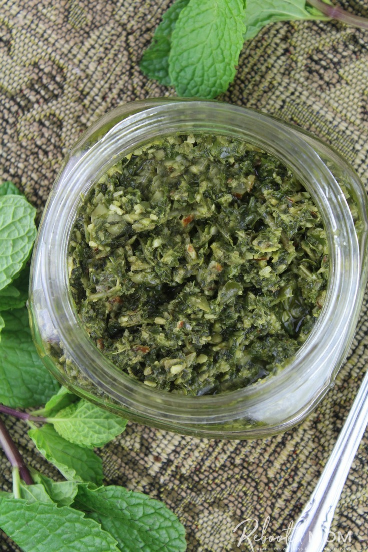 Dress up fresh seafood, bread, pasta or even meat with this beautiful mint pesto, made with lemon zest, fresh garlic, olive oil and almonds. #pesto #mint #freshmint #healthy
