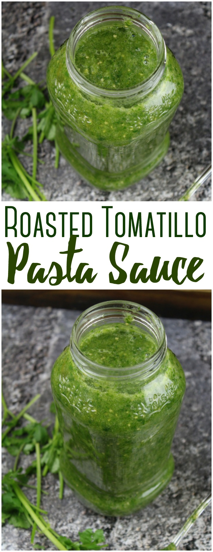 Roasted Tomatillo Pasta Sauce - Roasted tomatillos combine with onions, pepper and garlic to make a beautiful sauce with some kick to stir into your favorite pasta recipe!  #sauce #tomatillo #pasta #healthy #sauce #rebootedmom