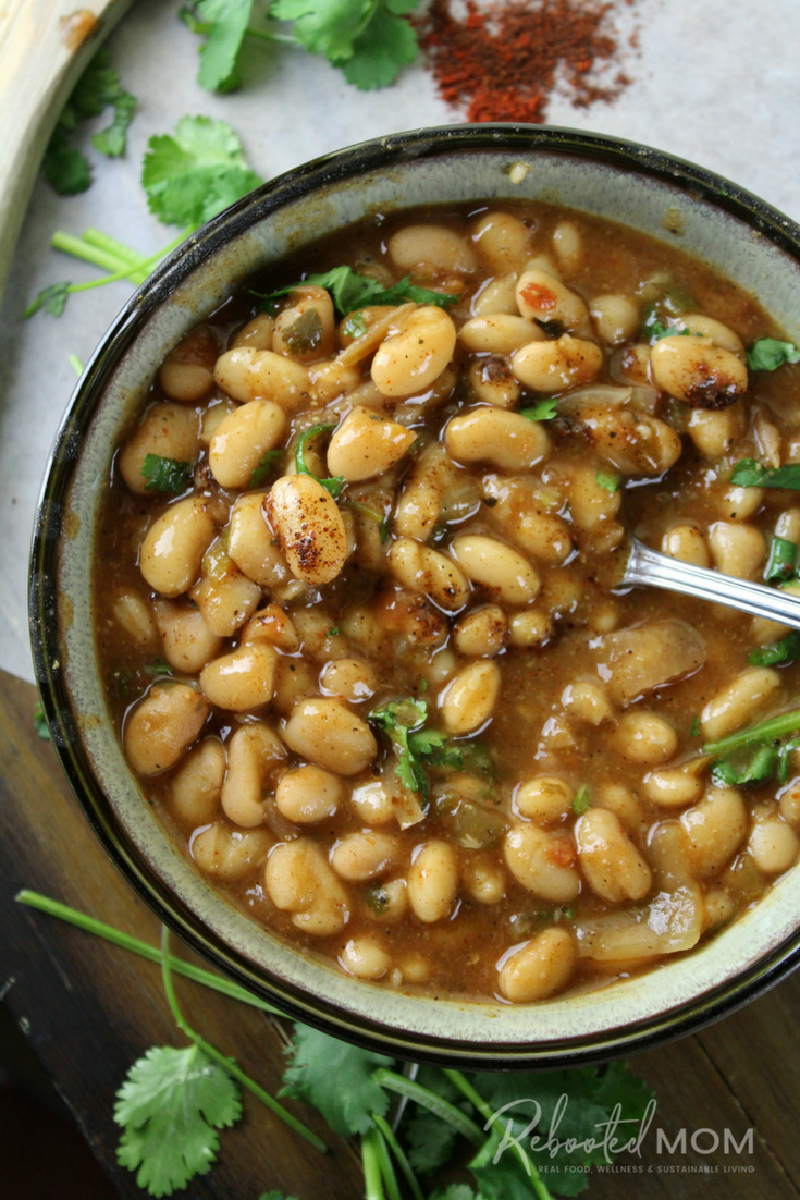 Charro beans are Mexican-style pinto beans cooked in a broth that features bacon, onions, garlic, smoky peppers and other delicious spices. 