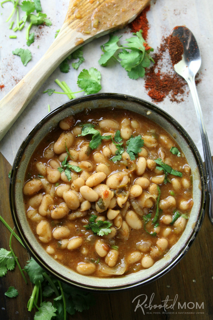 Charro beans are Mexican-style pinto beans cooked in a broth that features bacon, onions, garlic, smoky peppers and other delicious spices. 