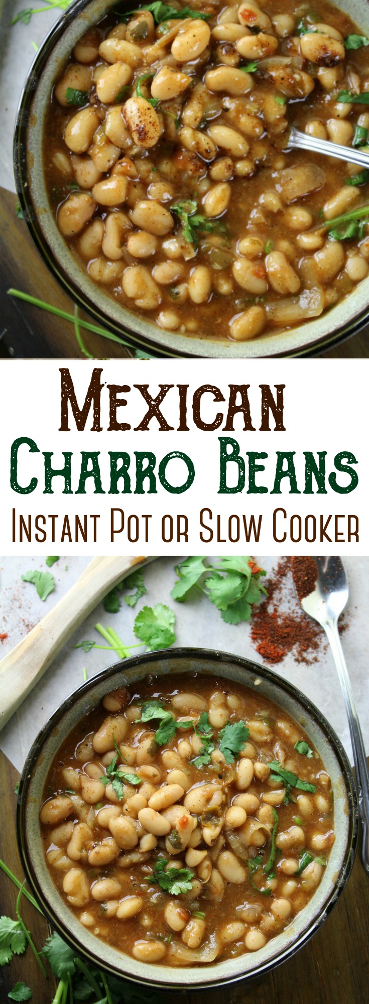 Charro beans are Mexican-style pinto beans cooked in a broth that features bacon, onions, garlic, smoky peppers and other delicious spices.   #beans #mexican #charrobeans #pressurecooker #InstantPot #slowcooker #sidedish 