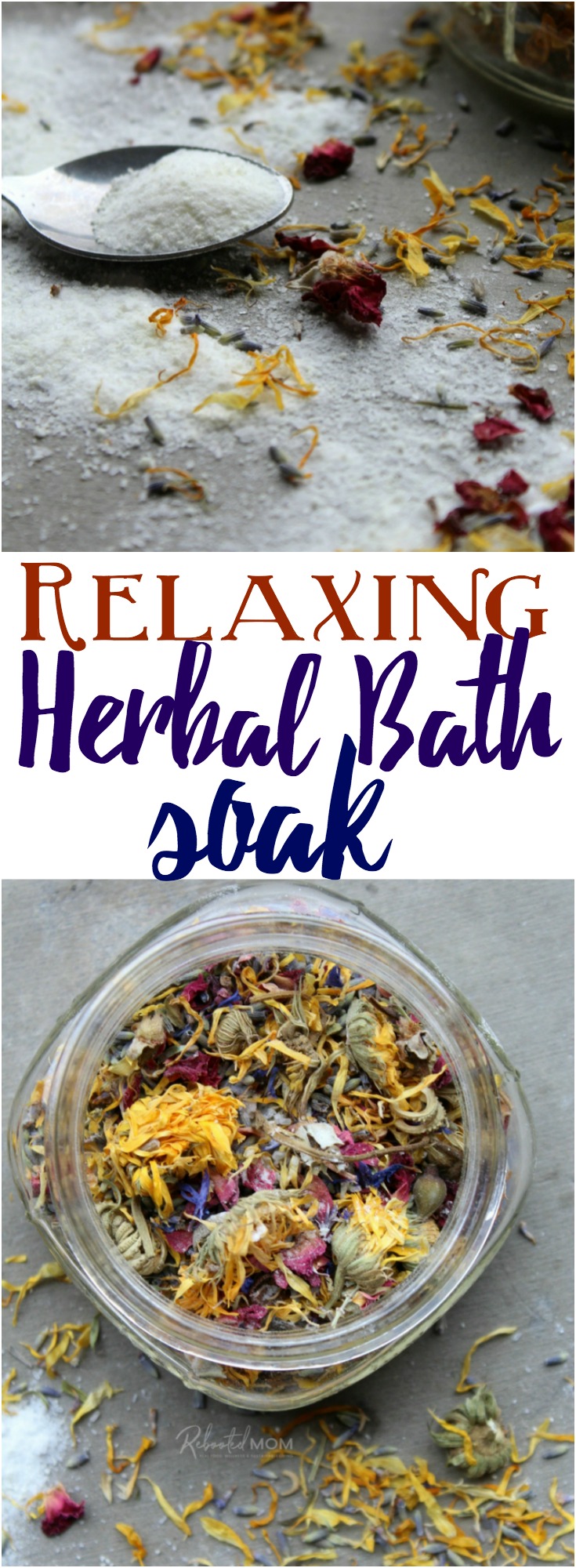 Looking for a way to relax after a long, hard day? This Relaxing Herbal Bath Soak will do the trick - perfect to use for yourself or as a homemade gift! #healthyrecipes #selfcare #homemadegifts #bathsalts #essentialoils #giftideas 