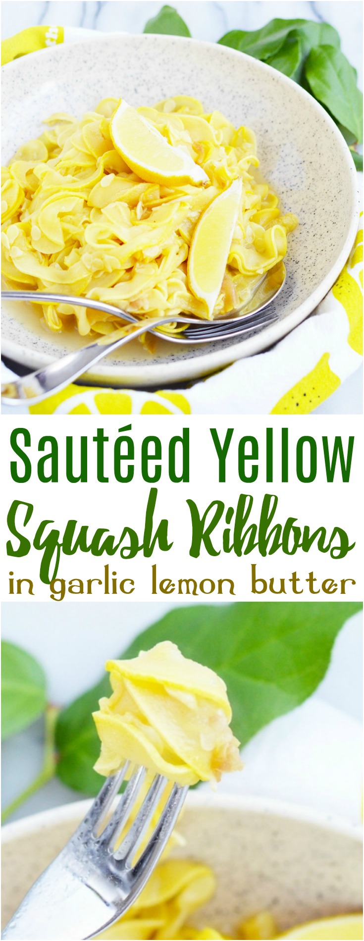 These pretty sautéed yellow squash ribbons are an easy way to dress up your dinner plate and a great way to use an abundance of yellow squash!  #yellowsquash #spiralizer #squash #vegetables #healthy #sidedish #glutenfree #garlic #lemon