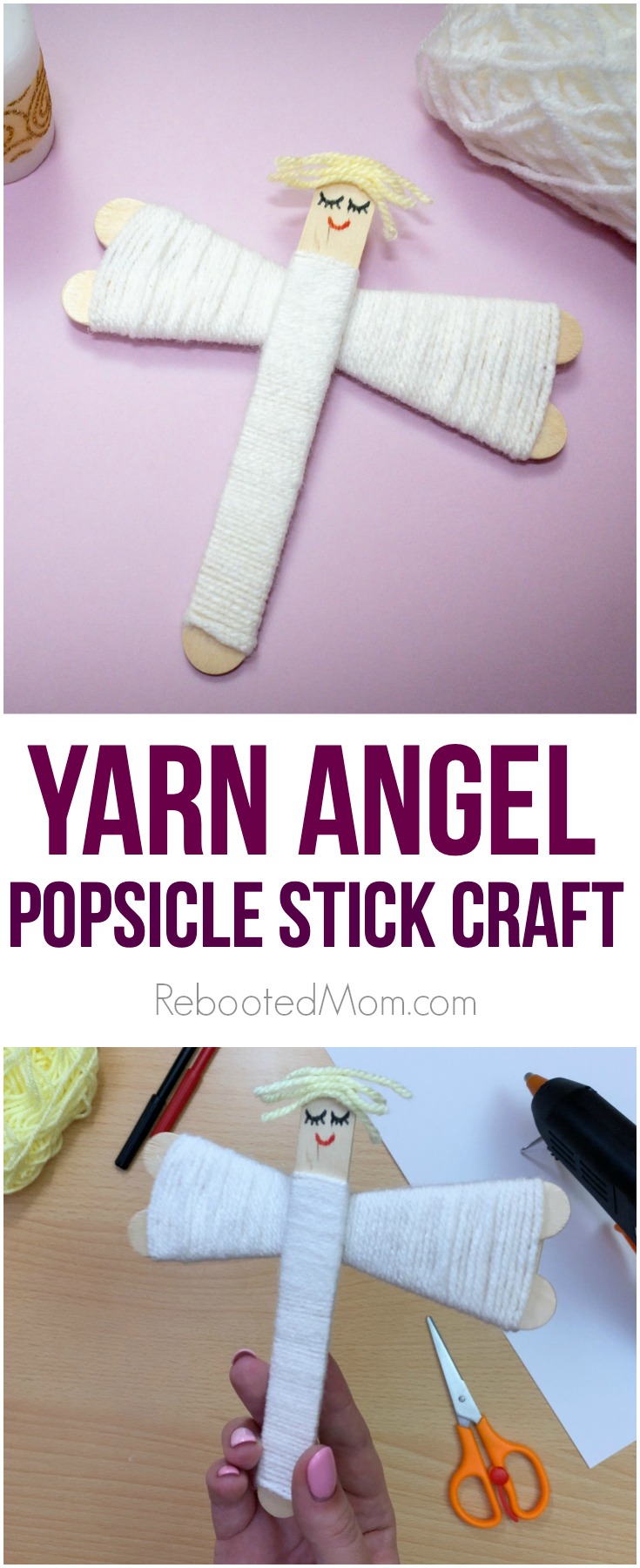 Step by step instructions &  video to help your children create an adorable yarn angel popsicle stick craft you can use as an ornament this holiday season! #craft #popsiclestick #yarn #angel #kids #christmas