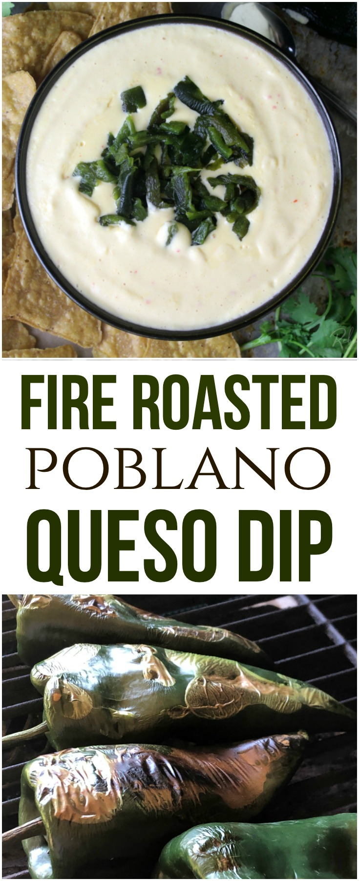 This creamy Fire Roasted Poblano Queso Dip is full of deep, smoky flavors – perfect to serve up with fresh tortilla chips for a delicious appetizer!