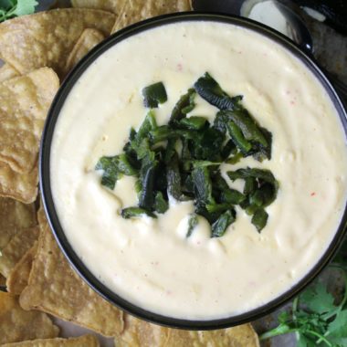 Roasted Poblano Queso Dip surrounded by tortilla chips.