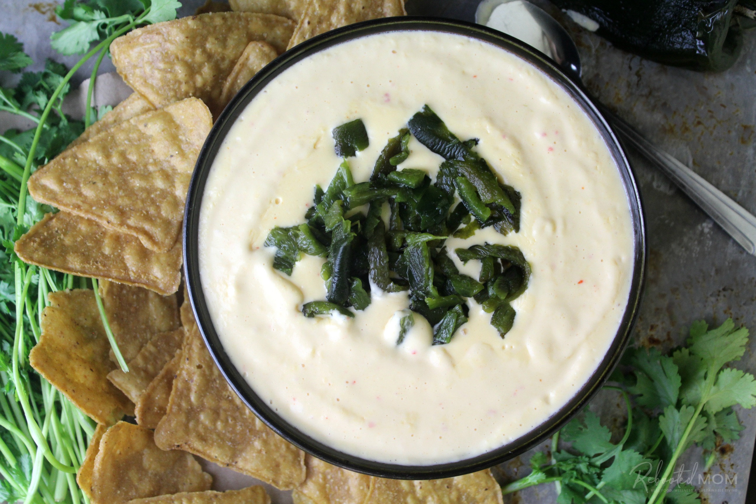 Fire Roasted Poblano Queso Dip surrounded by a plate of fresh tortilla chips