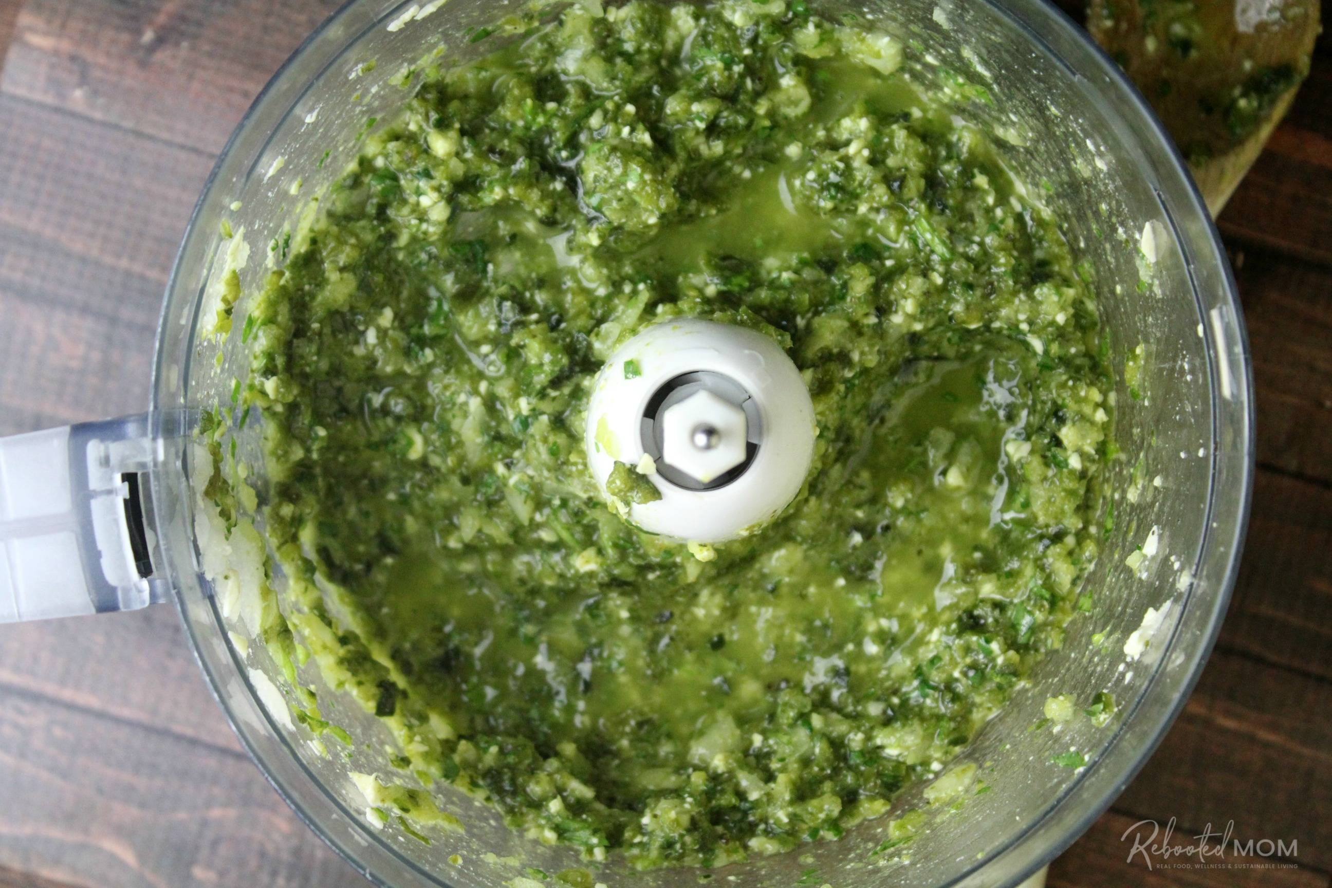 Roasted Poblano and Garlic Pesto whizzed in the food processor