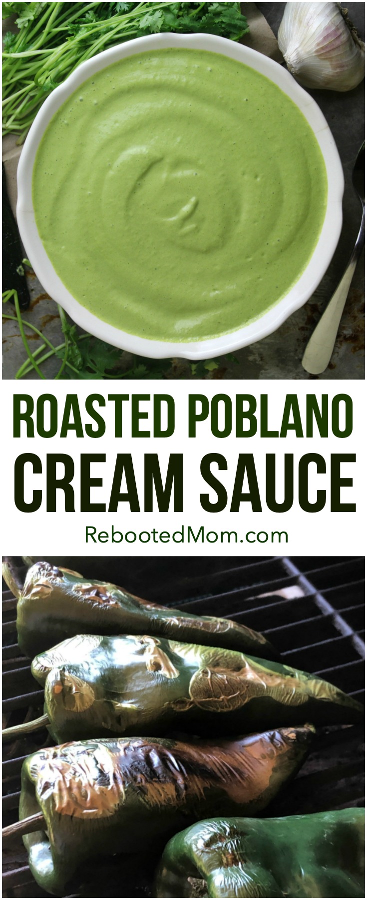 An easy recipe for the best Roasted Poblano Cream Sauce, made with simple ingredients for a rich and delicious sauce that's full of deep flavor!  #poblano #sauce #dip #cream #roasted