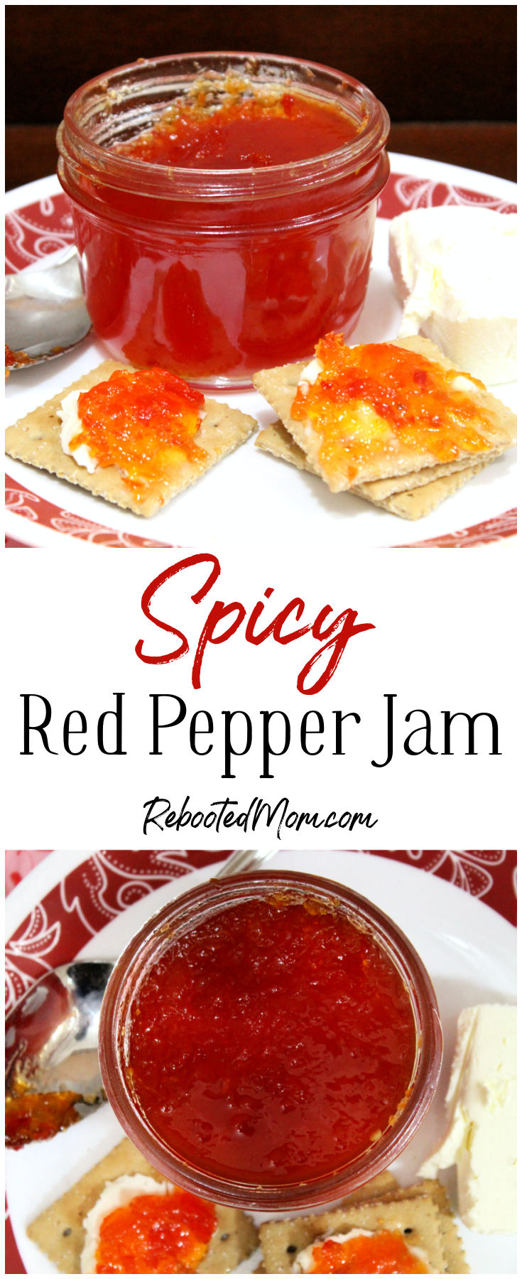 Spicy Red Pepper Jam combines fiery fresno peppers with red bell peppers in a jam that's sweet yet has some heat on the back end! Perfect with cream cheese! #Fresno #pepper #jam #jelly #canning #spicy