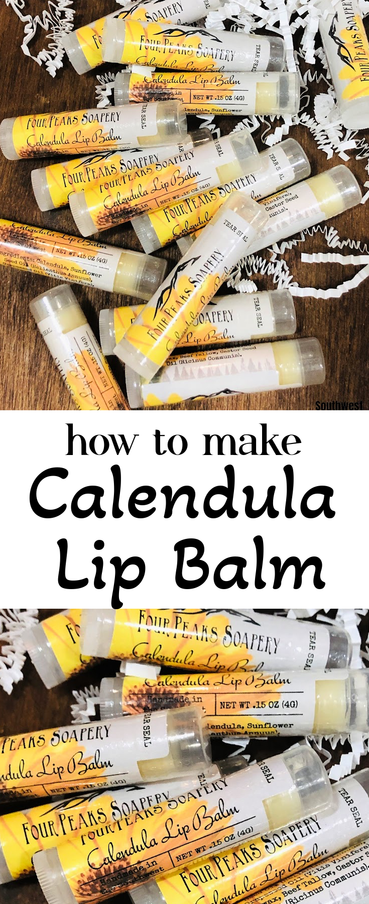 Grab this simple DIY to make Calendula Lip Balm - gentle and nourishing lip balm that is perfect for family, friends, and even gifts!