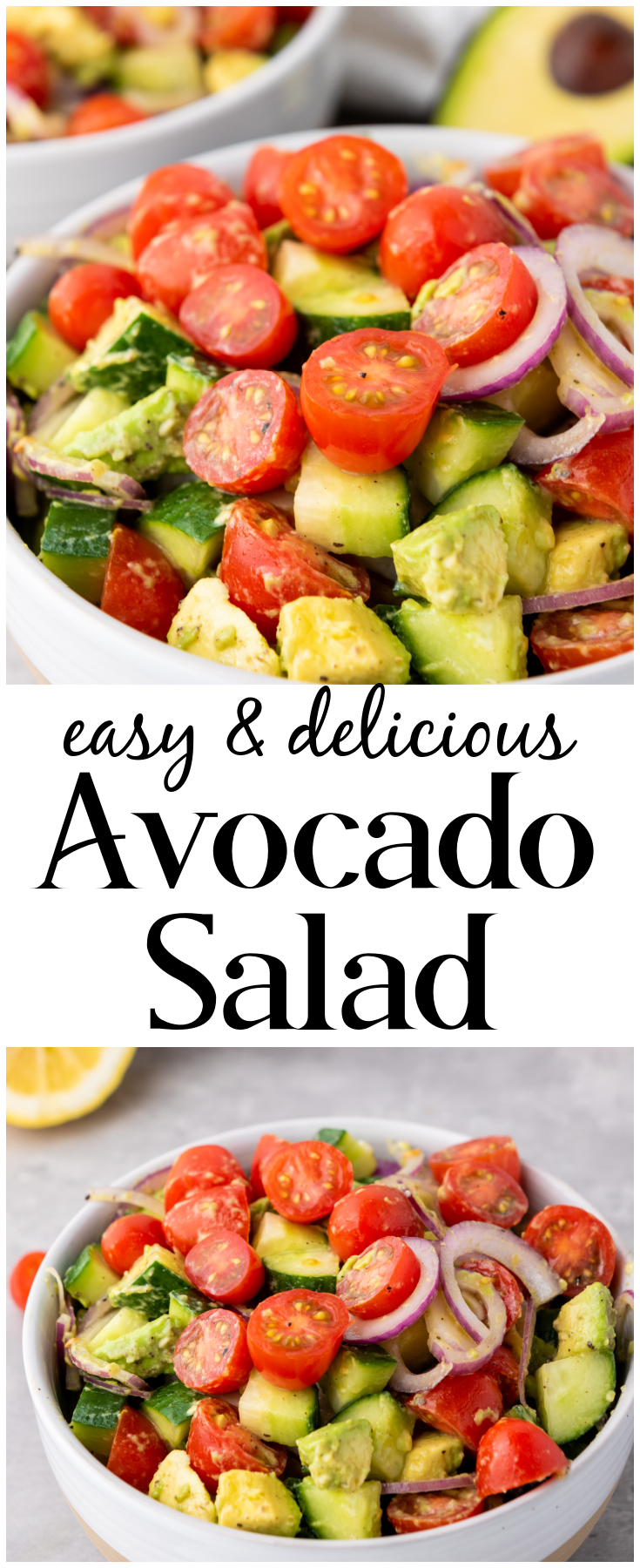 Avocado Salad- an equally beautiful and delicious treat to welcome the hot summer weather, perfect to serve as a side or as a light dinner meal that's healthy and easy! #avocado #tomato #healthy #salad #summer #cucumber 