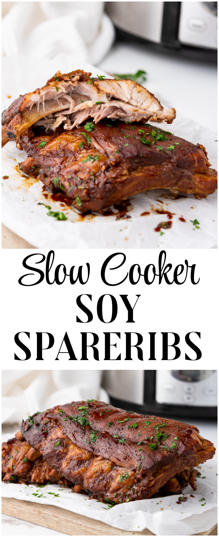 Slow Cooker Soy Spareribs come together easily with a handful of simple ingredients that result in the most addictive, flavorful ribs you'll ever try! #pork #spareribs #soy #slowcooker #crockpot